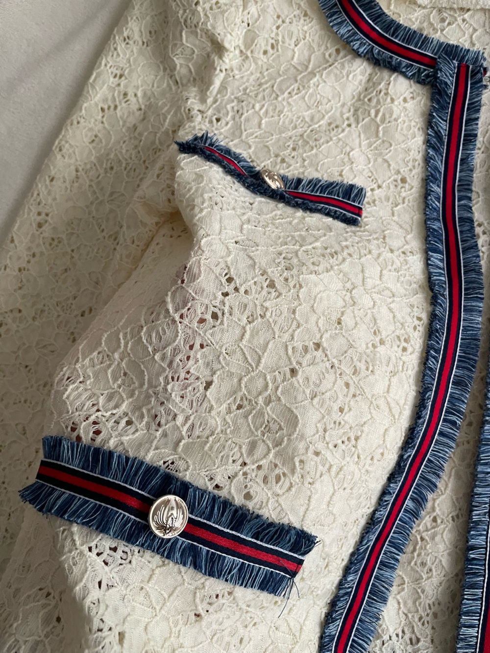 Gracia Cream Lace Tweed Jacket with Navy & Red Trim - Picture 4 of 9
